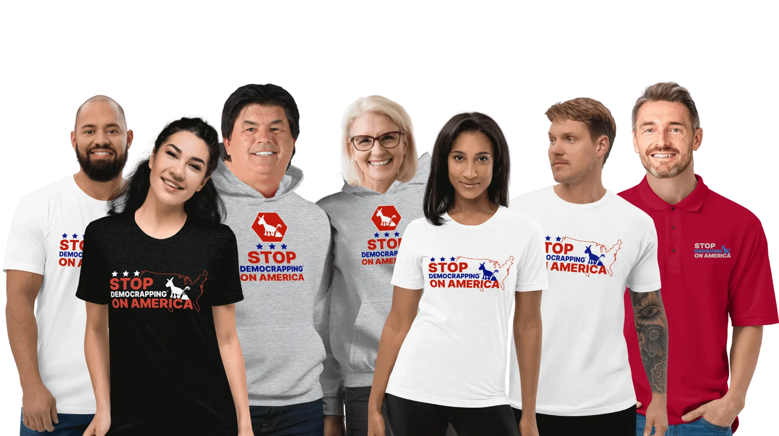 Group of people using Stop Democrapping On America merch