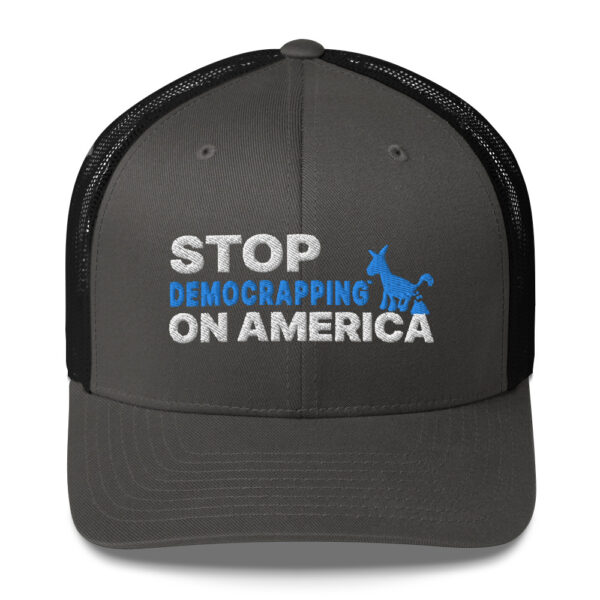 Stop Democrapping On America Retro Trucker Hat Charcoal Black