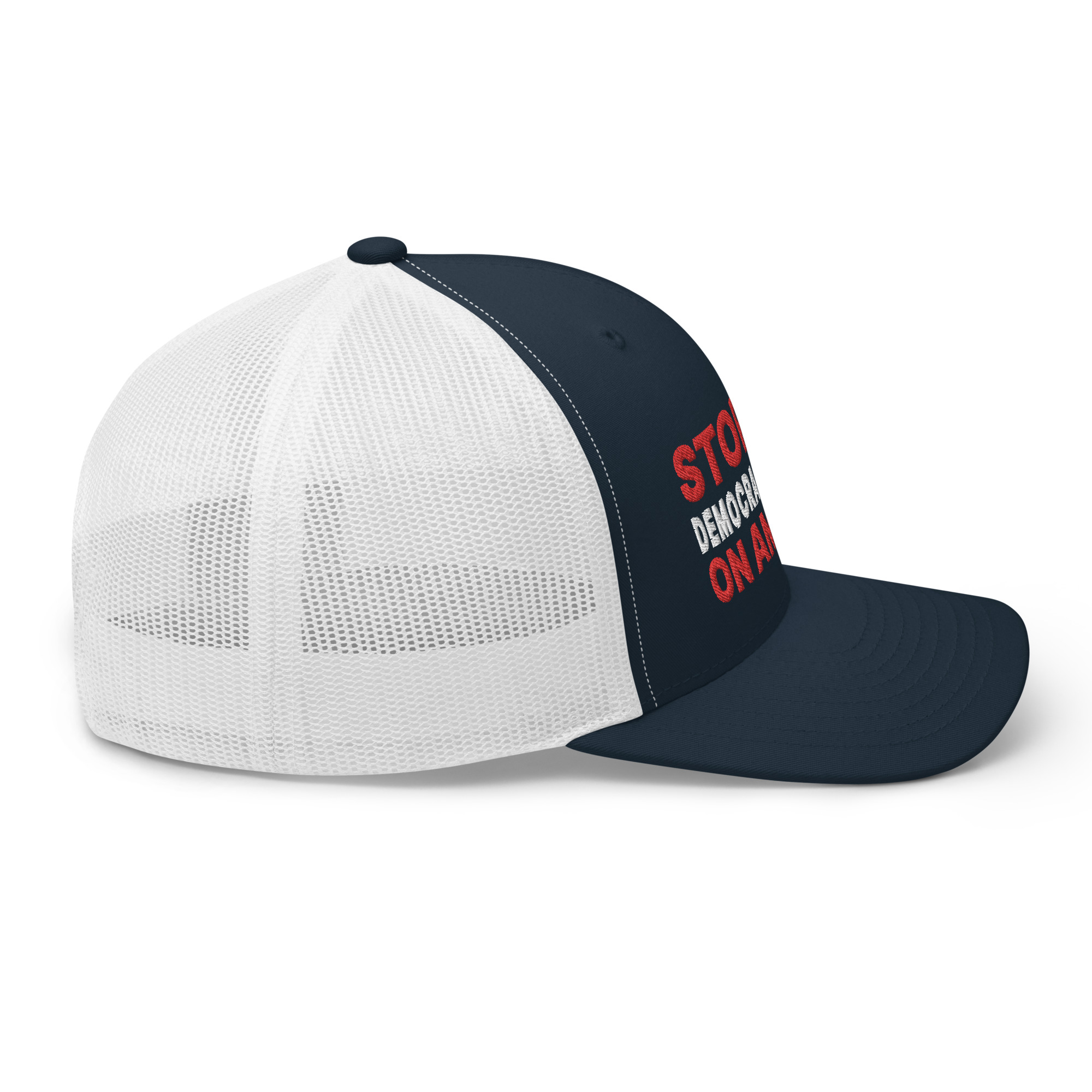 Stop Democrapping On America Retro Trucker Hat Navy & White